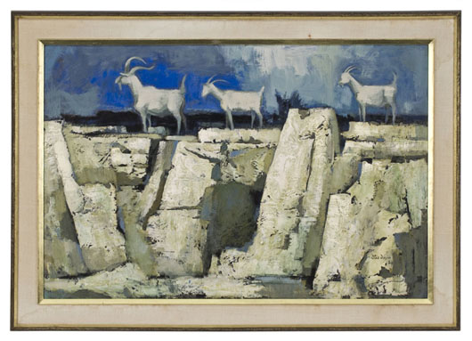 Untitled – goats on rocky ledge by Otis Dozier sold for $22,705. Image courtesy of Dallas Fine Art Auction.
